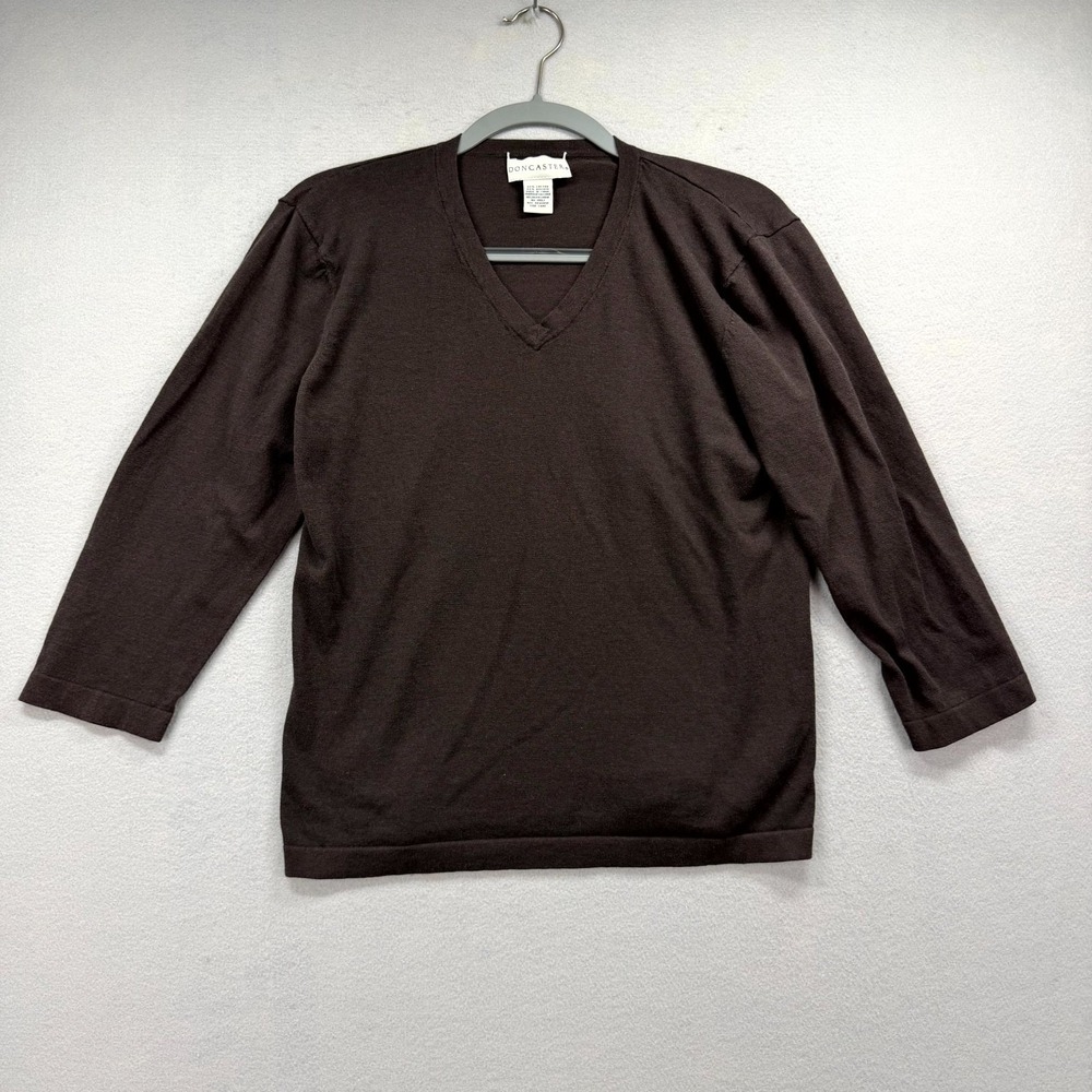 Doncaster Tight Knit Sweater Womens Dark Brown Cotton Casual Long Sleeve V-Neck